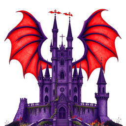 An ancient purple castle with intricate architectural details, set against a backdrop of large, vivid red devil wings, all over a stark white background