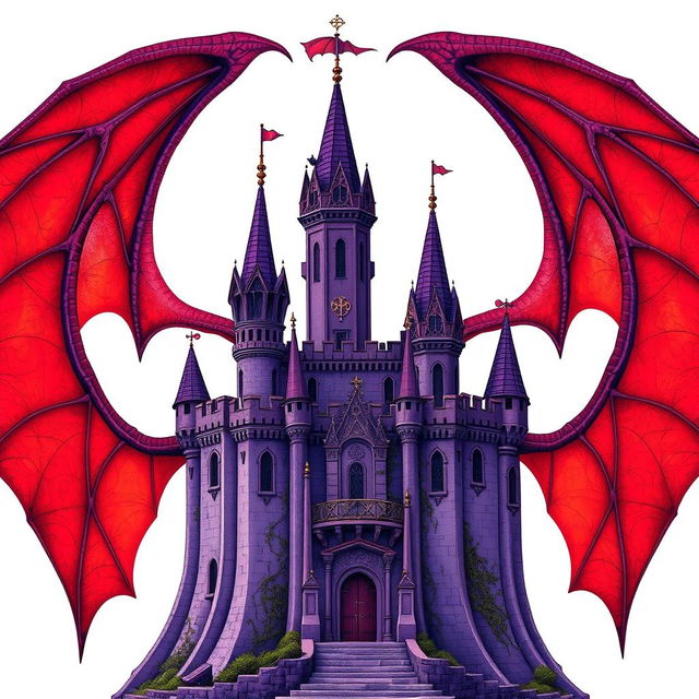 An ancient purple castle with intricate architectural details, set against a backdrop of large, vivid red devil wings, all over a stark white background