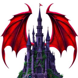 An ancient purple castle, featuring tall towers and enchanting details, majestically positioned against a backdrop of expansive, bright red devil wings