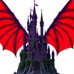 An ancient purple castle, featuring tall towers and enchanting details, majestically positioned against a backdrop of expansive, bright red devil wings