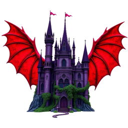 An ancient purple castle, featuring tall towers and enchanting details, majestically positioned against a backdrop of expansive, bright red devil wings