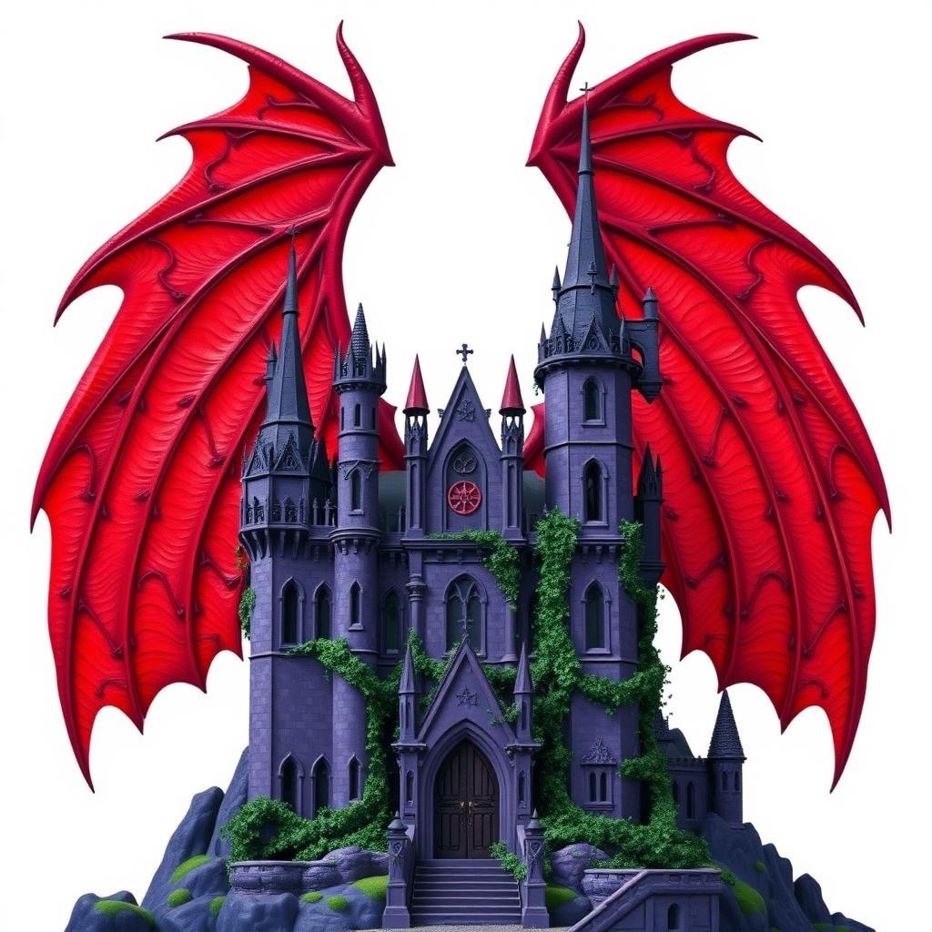 An ancient purple castle, featuring tall towers and enchanting details, majestically positioned against a backdrop of expansive, bright red devil wings