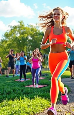 A vibrant and energetic scene showcasing a diverse group of people engaged in various fitness activities