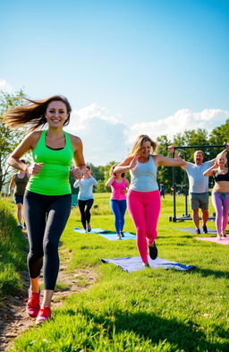 A vibrant and energetic scene showcasing a diverse group of people engaged in various fitness activities