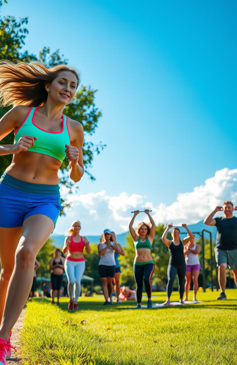 A vibrant and energetic scene showcasing a diverse group of people engaged in various fitness activities