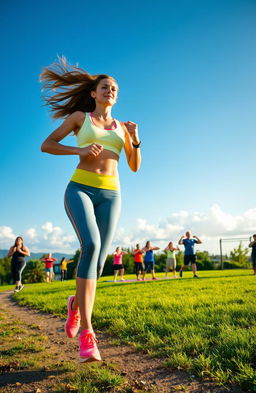 A vibrant and energetic scene showcasing a diverse group of people engaged in various fitness activities