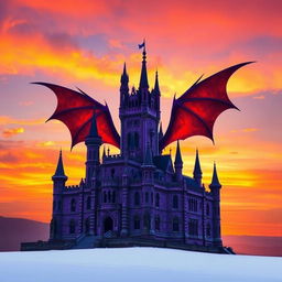 An ancient purple castle with intricate architectural details, majestically set against a stunning sunset