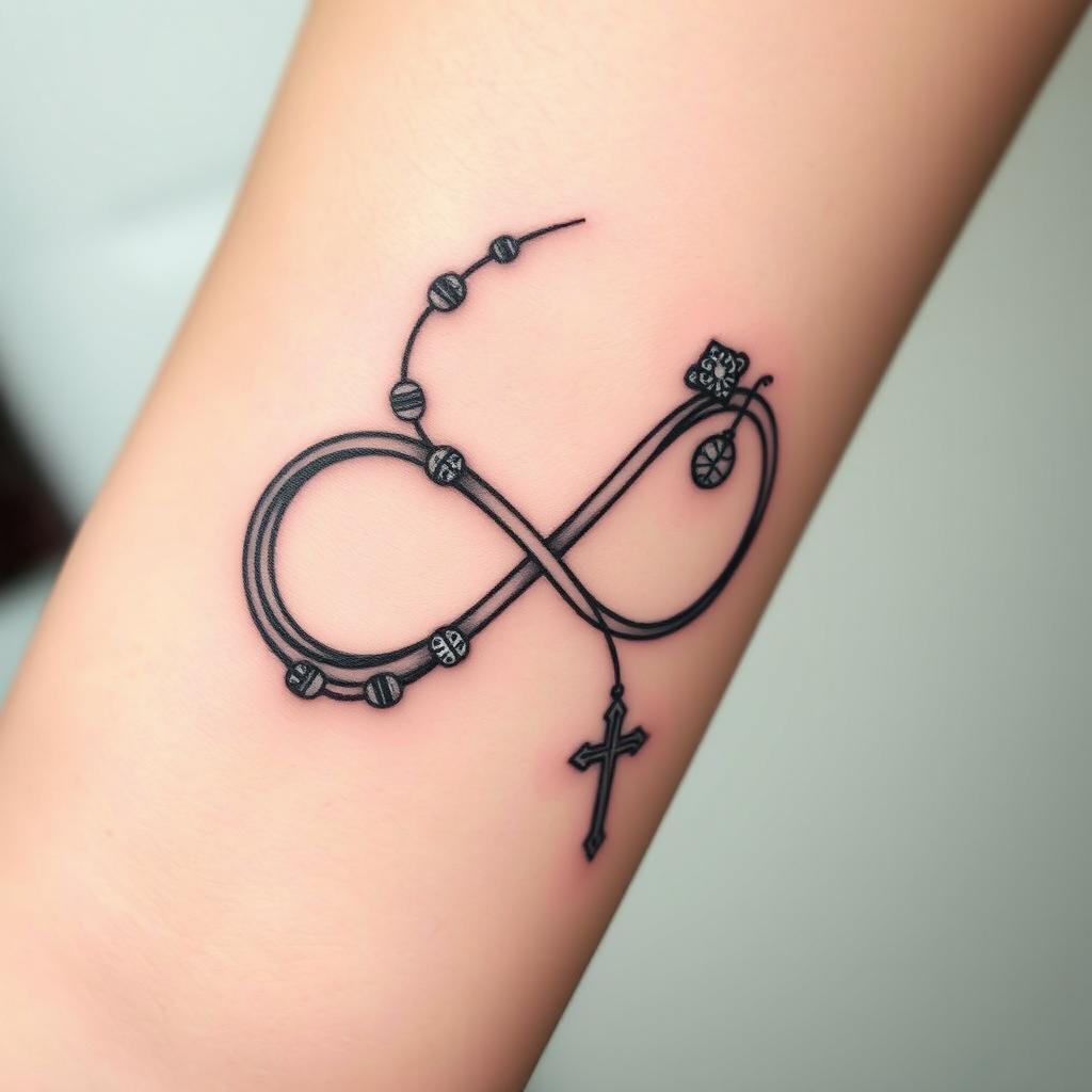 A stunning tattoo design featuring the infinity symbol creatively integrated with a rosary