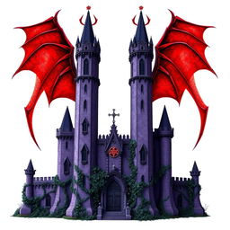 An ancient purple castle, featuring tall towers with intricate architectural details, ominously set against a stark white background