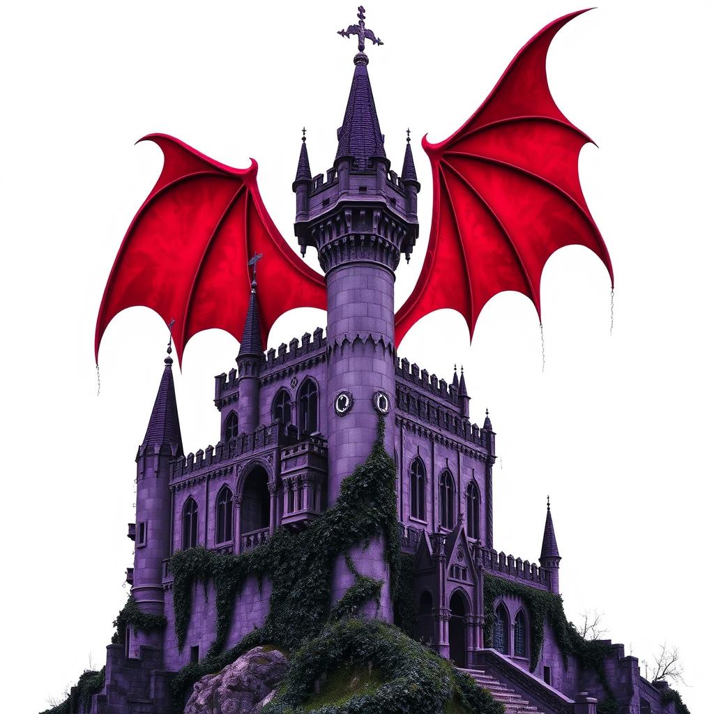 An ancient purple castle, featuring tall towers with intricate architectural details, ominously set against a stark white background