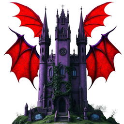 An ancient purple castle, featuring tall towers with intricate architectural details, ominously set against a stark white background