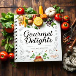 A beautifully designed cookbook cover featuring an elegant arrangement of fresh ingredients like vibrant vegetables, aromatic herbs, and colorful spices