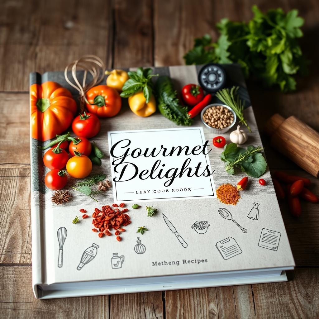 A beautifully designed cookbook cover featuring an elegant arrangement of fresh ingredients like vibrant vegetables, aromatic herbs, and colorful spices