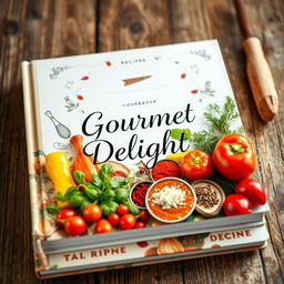 A beautifully designed cookbook cover featuring an elegant arrangement of fresh ingredients like vibrant vegetables, aromatic herbs, and colorful spices