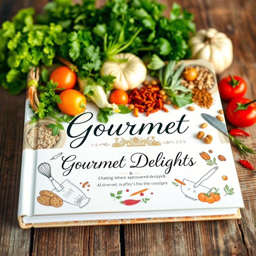 A beautifully designed cookbook cover featuring an elegant arrangement of fresh ingredients like vibrant vegetables, aromatic herbs, and colorful spices