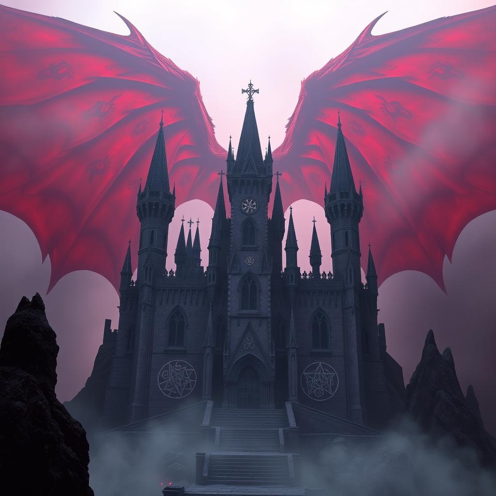 A terrifying ancient purple castle with jagged, foreboding spires and twisted, dark architectural details, set against a backdrop of gigantic, ominous red devil wings that engulf the scene