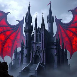 A terrifying ancient purple castle with jagged, foreboding spires and twisted, dark architectural details, set against a backdrop of gigantic, ominous red devil wings that engulf the scene