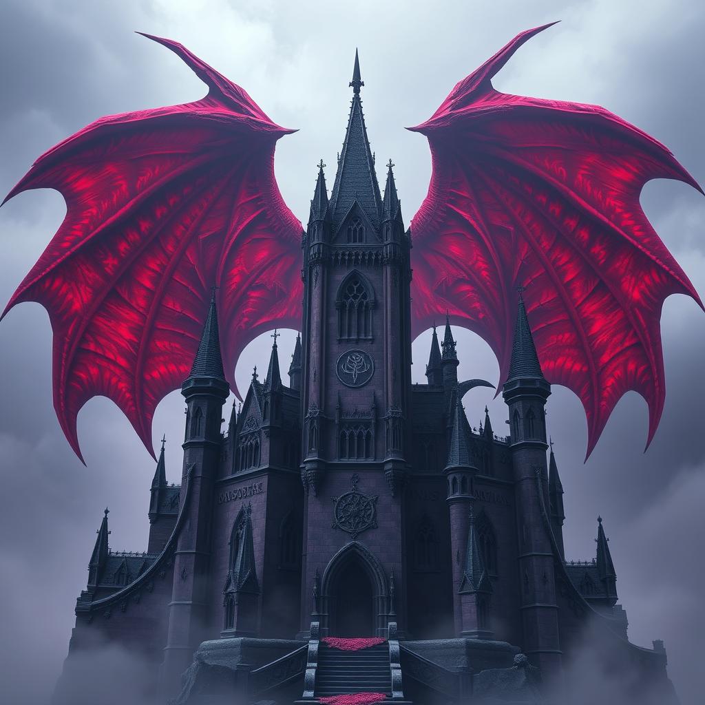 A terrifying ancient purple castle with jagged, foreboding spires and twisted, dark architectural details, set against a backdrop of gigantic, ominous red devil wings that engulf the scene