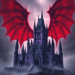 A terrifying ancient purple castle with jagged, foreboding spires and twisted, dark architectural details, set against a backdrop of gigantic, ominous red devil wings that engulf the scene