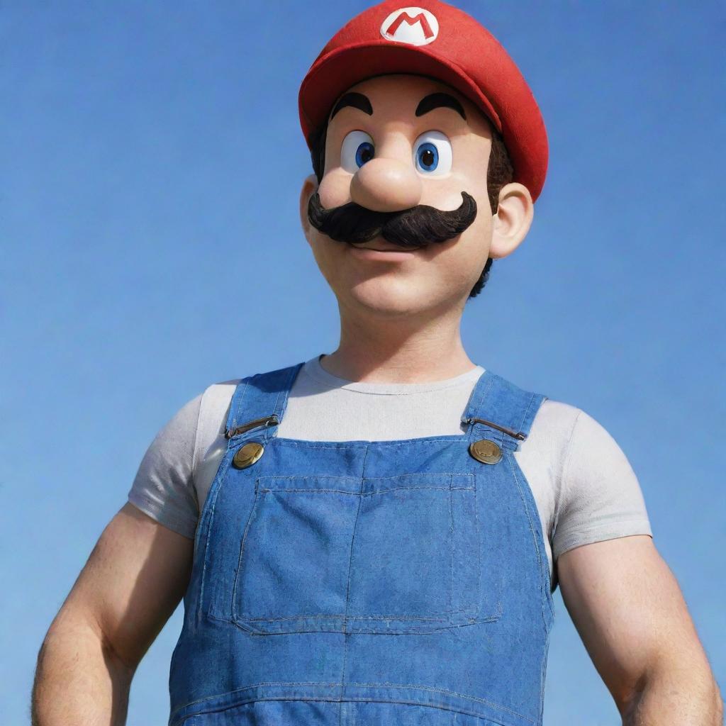 An unusual rendition of Super Mario, depicted as a tall and lean figure, yet retaining his iconic red hat, blue overalls, and bushy mustache.