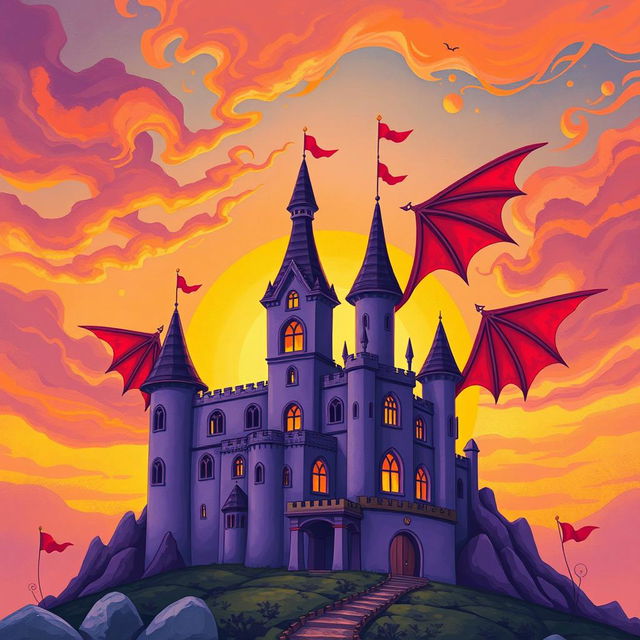 A whimsical illustration of an ancient purple castle with exaggerated, fantastical architectural features, set against a vibrant, painterly sunset with swirling clouds in shades of orange, pink, and purple