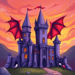 A whimsical illustration of an ancient purple castle with exaggerated, fantastical architectural features, set against a vibrant, painterly sunset with swirling clouds in shades of orange, pink, and purple