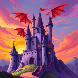 A whimsical illustration of an ancient purple castle with exaggerated, fantastical architectural features, set against a vibrant, painterly sunset with swirling clouds in shades of orange, pink, and purple