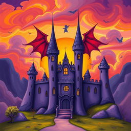 A whimsical illustration of an ancient purple castle with exaggerated, fantastical architectural features, set against a vibrant, painterly sunset with swirling clouds in shades of orange, pink, and purple