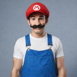 An unusual rendition of Super Mario, depicted as a tall and lean figure, yet retaining his iconic red hat, blue overalls, and bushy mustache.