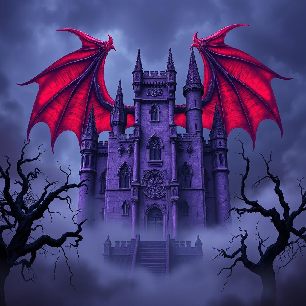 A sinister ancient purple castle looming menacingly, featuring sharp, twisted towers and grotesque architectural details, surrounded by swirling, pitch-black mist