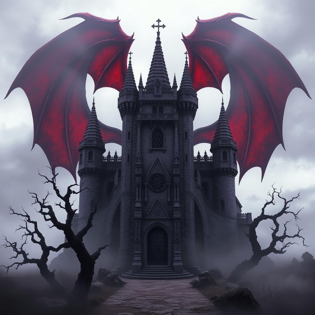 A sinister ancient purple castle looming menacingly, featuring sharp, twisted towers and grotesque architectural details, surrounded by swirling, pitch-black mist