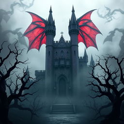 A sinister ancient purple castle looming menacingly, featuring sharp, twisted towers and grotesque architectural details, surrounded by swirling, pitch-black mist