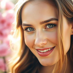 A close-up portrait of a beautiful woman with striking cheekbones, her cheeks glowing in soft natural light