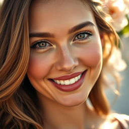 A close-up portrait of a beautiful woman with striking cheekbones, her cheeks glowing in soft natural light