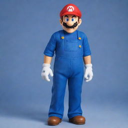 An unusual rendition of Super Mario, depicted as a tall and lean figure, yet retaining his iconic red hat, blue overalls, and bushy mustache.