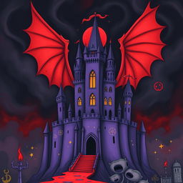 A darkly whimsical illustration of a sinister ancient purple castle with exaggerated, menacing features like elongated towers and grotesque gargoyles, set against a surreal backdrop of swirling, black mist and deep crimson skies