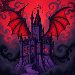 A darkly whimsical illustration of a sinister ancient purple castle with exaggerated, menacing features like elongated towers and grotesque gargoyles, set against a surreal backdrop of swirling, black mist and deep crimson skies