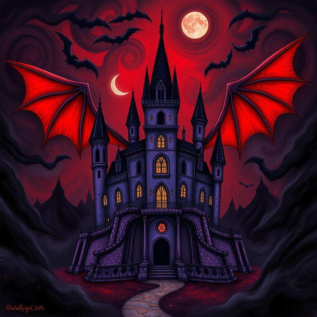 A darkly whimsical illustration of a sinister ancient purple castle with exaggerated, menacing features like elongated towers and grotesque gargoyles, set against a surreal backdrop of swirling, black mist and deep crimson skies