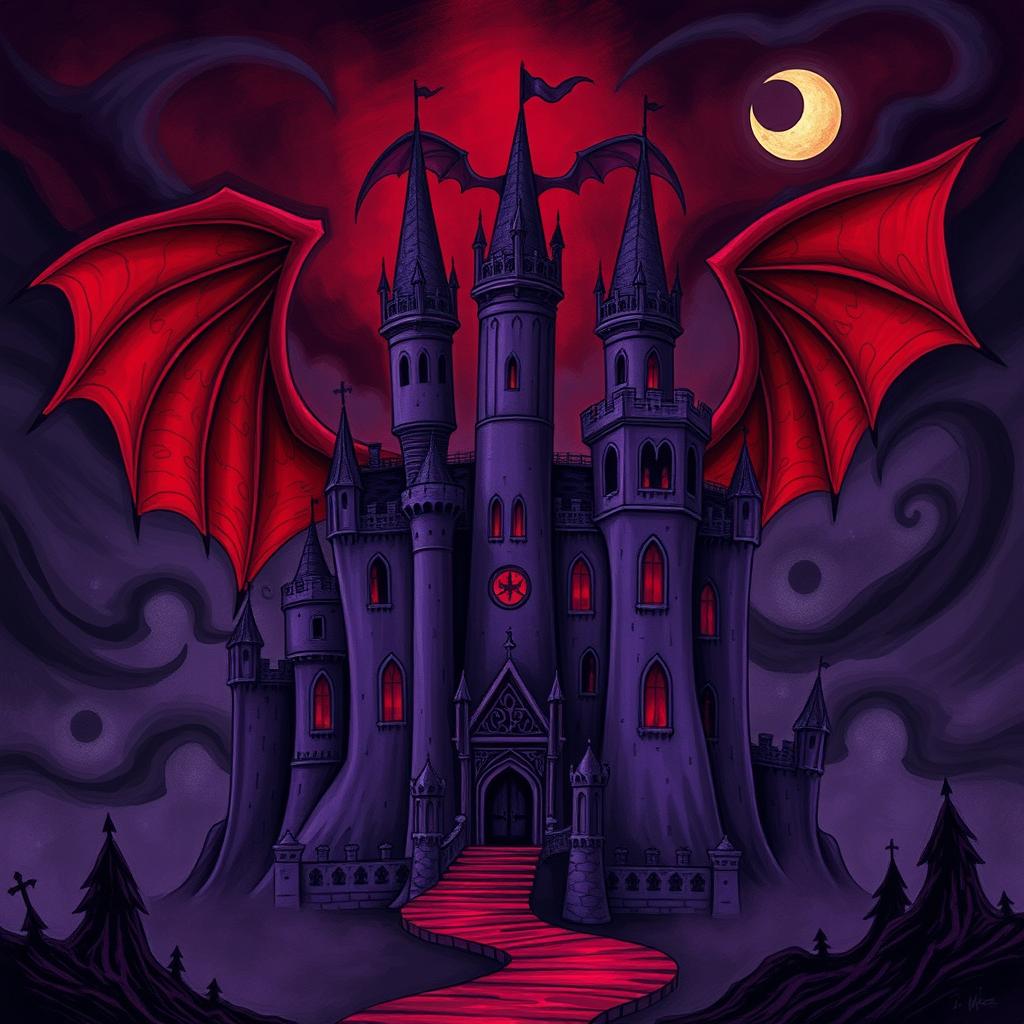 A darkly whimsical illustration of a sinister ancient purple castle with exaggerated, menacing features like elongated towers and grotesque gargoyles, set against a surreal backdrop of swirling, black mist and deep crimson skies