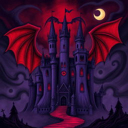 A darkly whimsical illustration of a sinister ancient purple castle with exaggerated, menacing features like elongated towers and grotesque gargoyles, set against a surreal backdrop of swirling, black mist and deep crimson skies