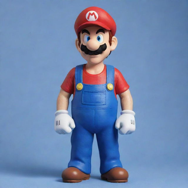 An unusual rendition of Super Mario, depicted as a tall and lean figure, yet retaining his iconic red hat, blue overalls, and bushy mustache.