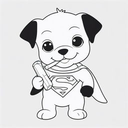 A charming, two-dimensional black and white outline of a puppy dressed as Superman enthusiastically eating a bone for a colouring page.