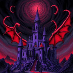 An intensely surreal and menacing illustration of a purple castle with grotesquely exaggerated features, its towers spiraling like twisted fingers reaching into a darkened sky