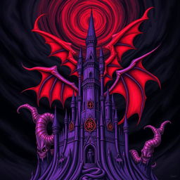 An intensely surreal and menacing illustration of a purple castle with grotesquely exaggerated features, its towers spiraling like twisted fingers reaching into a darkened sky