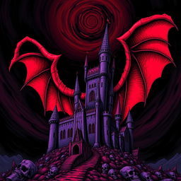 An intensely surreal and menacing illustration of a purple castle with grotesquely exaggerated features, its towers spiraling like twisted fingers reaching into a darkened sky