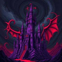 An intensely surreal and menacing illustration of a purple castle with grotesquely exaggerated features, its towers spiraling like twisted fingers reaching into a darkened sky