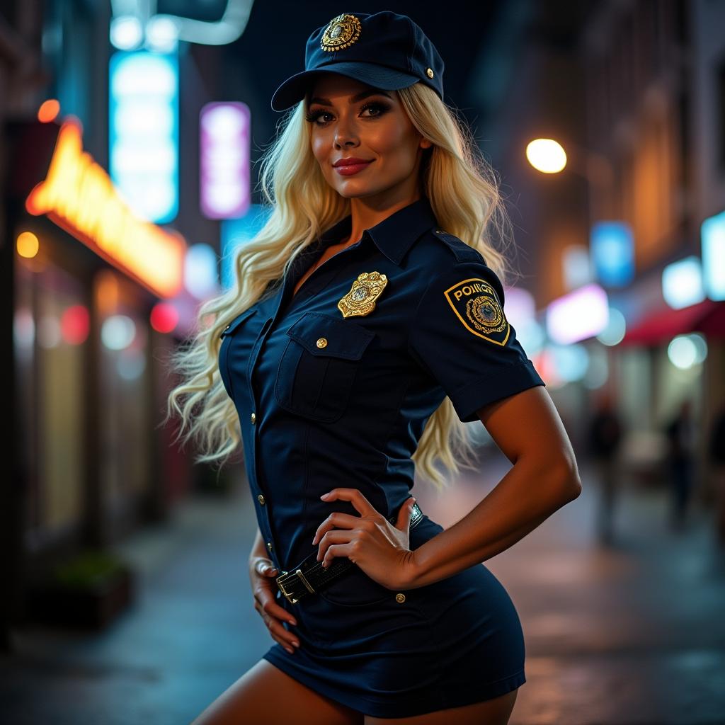 A striking blonde woman wearing a form-fitting police costume that accentuates her curves