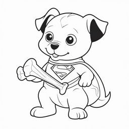 A charming, two-dimensional black and white outline of a puppy dressed as Superman enthusiastically eating a bone for a colouring page.