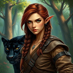 A captivating portrayal of a female ranger, a unique blend of half-elf and half-dwarf heritage