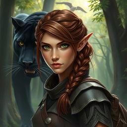 A captivating portrayal of a female ranger, a unique blend of half-elf and half-dwarf heritage